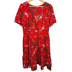 Anthropologie The Somerset Mini in Red Floral Bird Crane Cotton Dress